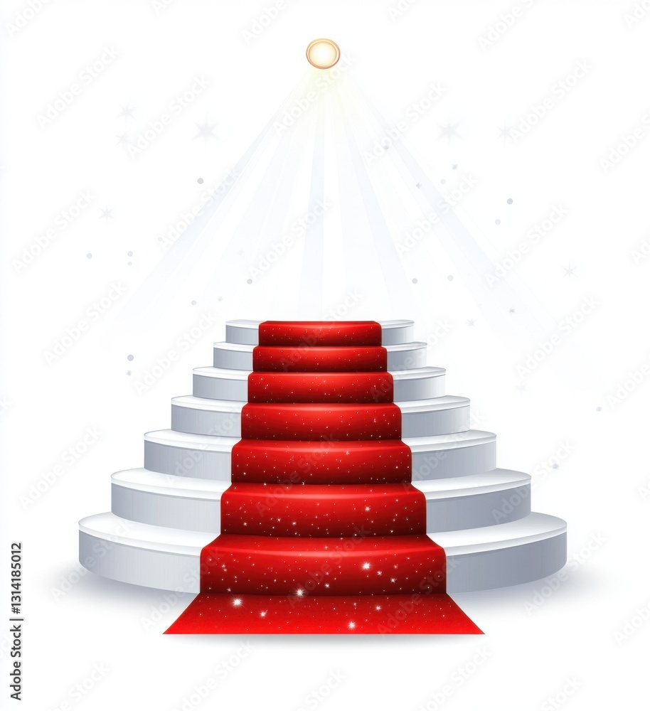 Poster staircase with a red carpet and light rays, isolated on a white background. vector illustration.
