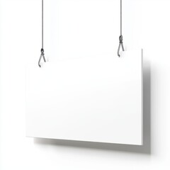 White blank paper hanging on a white background, secured with ropes and chains. This concept provides a copy space for design or text, serving as a blank signboard mockup template.
