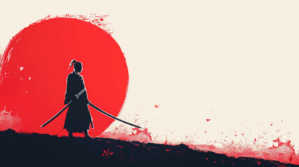 A silhouette of a samurai holding a katana stands against a red and white abstract background, evoking a sense of traditional Japanese culture and artistry.