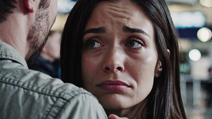Sad woman crying and hugging a man at the airport, expressing deep emotions during a poignant moment of departure or arrival, filled with love and connection