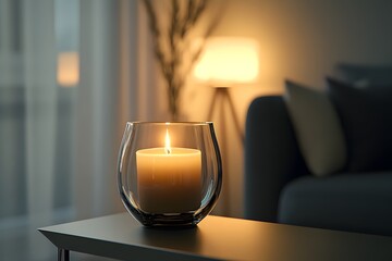 A flickering candle in a hand-blown glass holder placed on a sleek modern side table with subtle decor, rendered in vivid HD clarity.