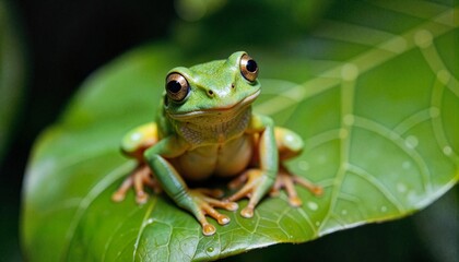 Fototapeta premium Green frog sitting on a large leaf