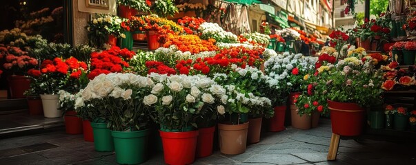 Fototapeta premium Vibrant Flower Market with Colorful Blooms and Lush Greenery