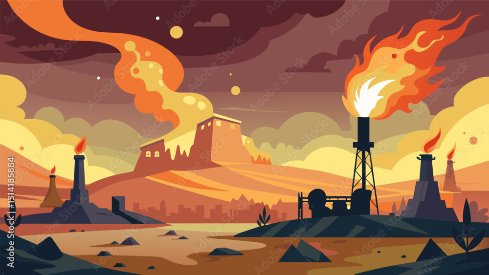 Poster the flaring gas in the oil fields creates a surreal scene as if an otherworldly force has taken over