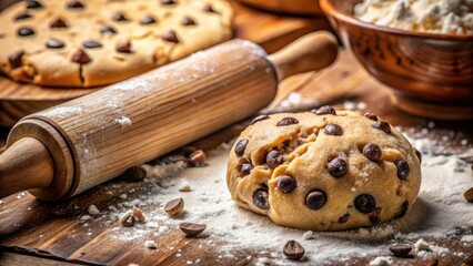 Fototapeta premium Flour-dusted rolling pin crafts perfect cookie dough swirls, studded with chocolate chips.