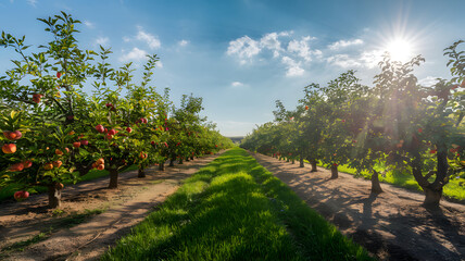 A sunlit orchard with rows of fruit trees casting long shadows on the ground.
