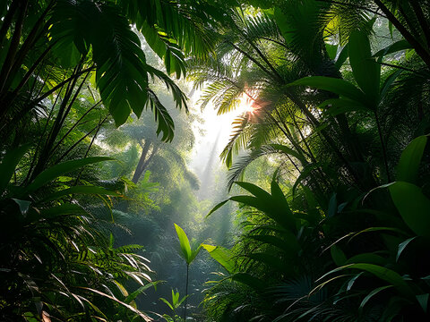 Lush Rainforest Canopy with Sunbeams Exotic Jungle Foliage, Vibrant Green Leaves, Tropical Paradise, Scenic View.
