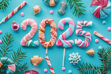2025 candy lollipop numbers, 2025 sugar greeting card, sweet New Year design, candies banner