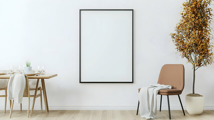 Modern Minimalist Dining Room Interior Design With Blank Vertical Frame Mockup on White Wall Wooden Table Beige Chair and Plant Home Decor Scene