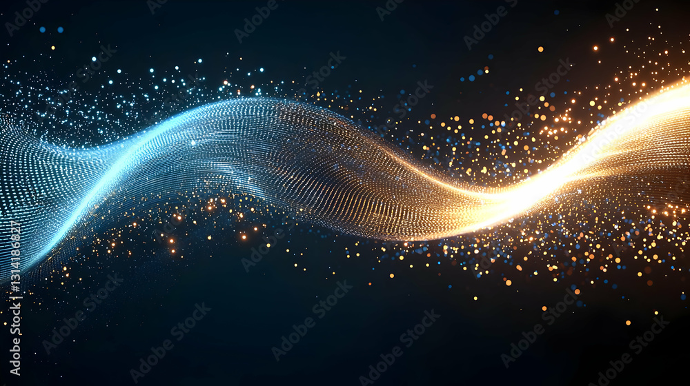 Poster dynamic abstract blue and orange particle wave with sparkling glow on a dark background