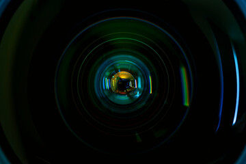 Macro camera lens, Camera lens close up and blue background 