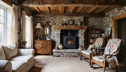 Cozy living room with stone fireplace and wooden beams