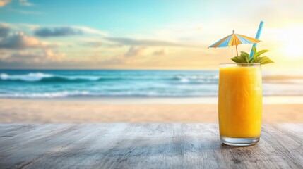 Refreshing tropical drink with umbrella at oceanfront during sunset beach setting