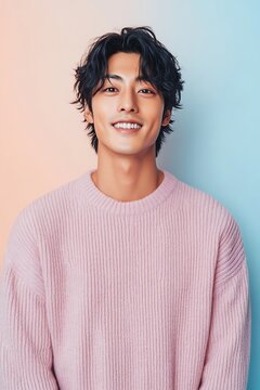 Asian Man in Pastel Sweater Looking Charming