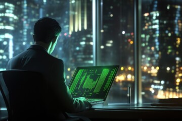 A man in a suit sits before a laptop displaying green code, overlooking a vibrant city at night.