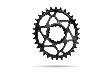 Black oval bicycle chainring against white isolated background, floating above the surface....