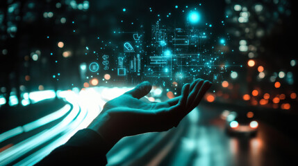 Hands showcasing digital technology concepts against a blurred urban background at night