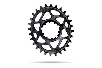 Black oval bicycle chainring against white isolated background, floating above the surface. Professional bicycle part.