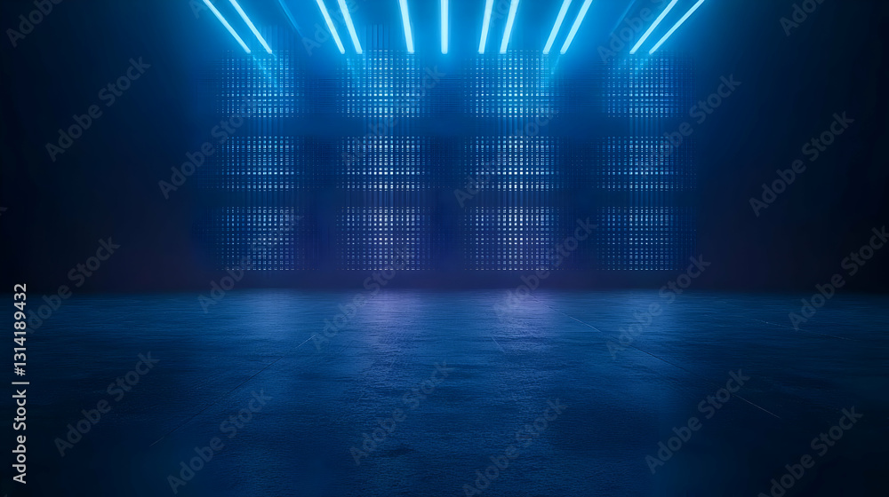 Poster dark empty stage with glowing blue neon lights grid pattern on metallic reflective floor in a futuri
