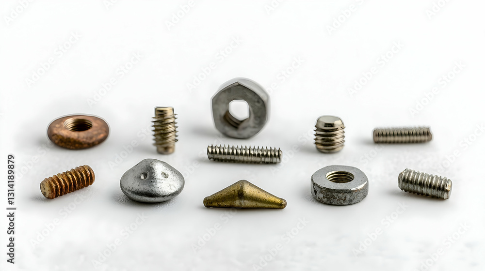 Poster assortment of small metal hardware components on a white background with various shapes sizes and fi