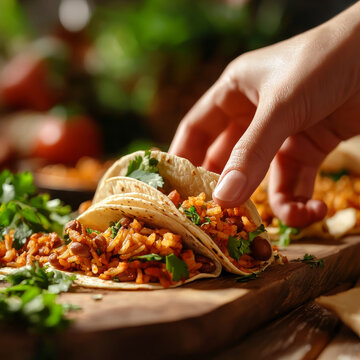 Delicious tacos with seasoned rice and beans, garnished with cilantro