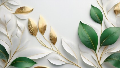 White Green Gold Leaf BG. Delicate green leaves & gold accents on white background. Elegant & subtle botanical design.