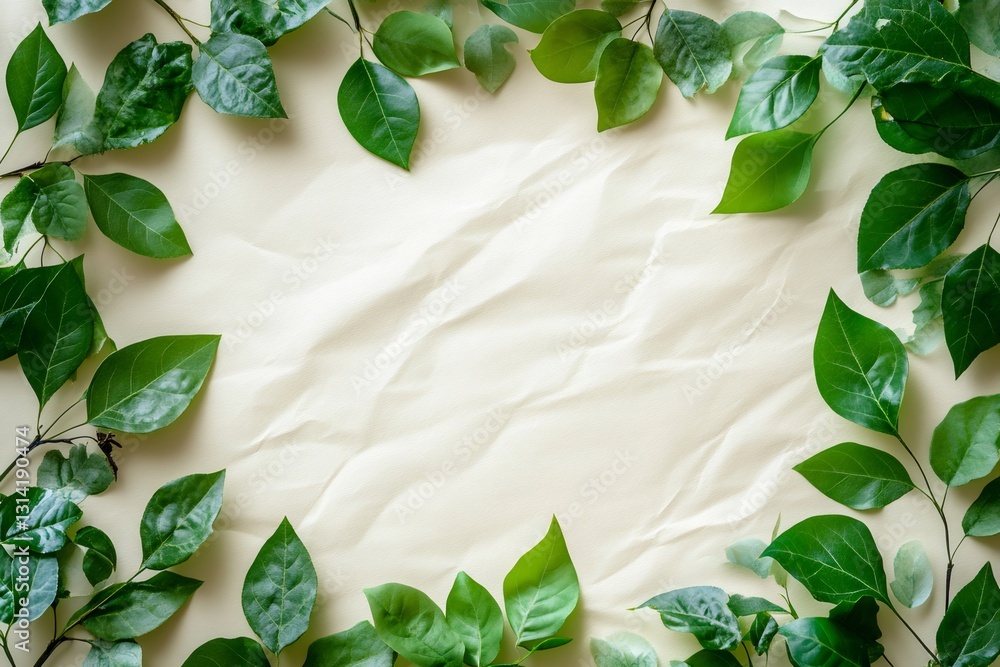 Poster green leaves bordering wrinkled paper background creating empty space