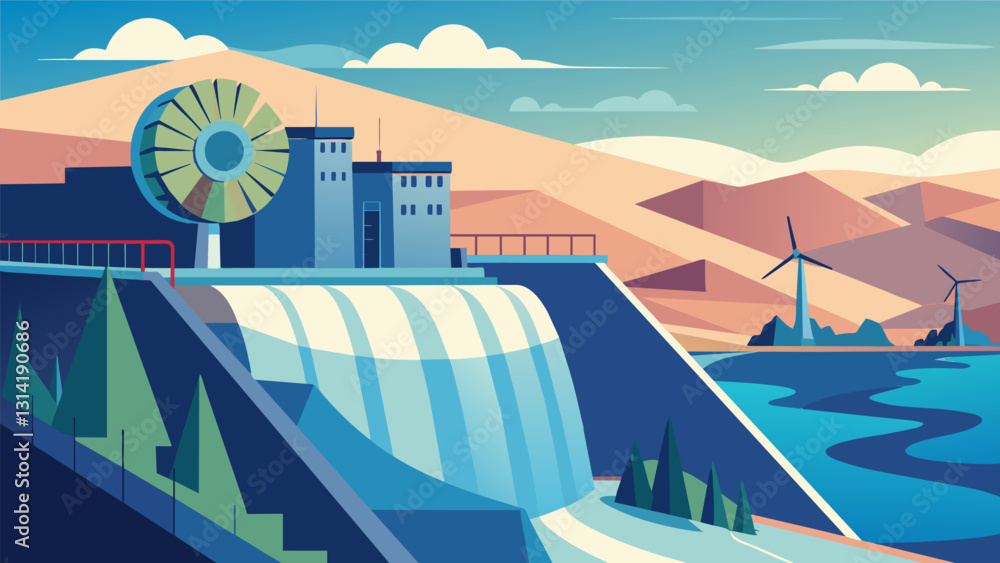 Poster at the edge of a large dam a massive turbine turns relentlessly converting the power of a vast reser