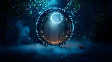 Fototapeta premium Ethereal Crescent Moon In Enchanted Forest With Glowing Blue Circular Portal And Misty Fog At Night