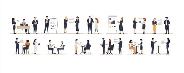 Fototapeta premium set of scenes business people meeting with infographics presentation illustration design