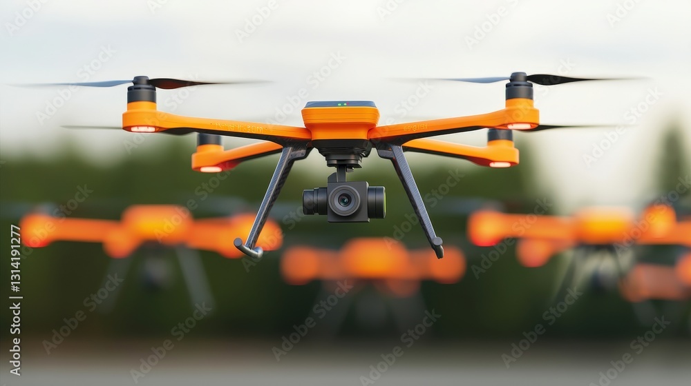 Poster automated efficiency ai performance concept. drone flying in the sky with a blurred background of ot