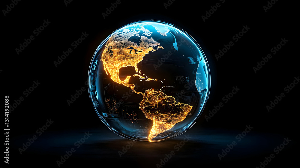 Poster rotating illuminated 3d globe with glowing orange and blue pixels on dark background graphic design