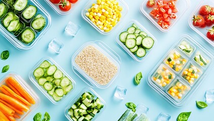 Meal Prep Assortment: An assortment of colorful, fresh vegetables, grains and fruits neatly arranged in clear containers, ready for healthy meal preparation.