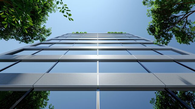 Minimalist skyscraper design with sleek glass facade, energy-efficient city tower, smart architecture