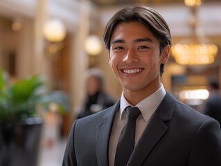 Business professional smiling confident successful suit background bright lighting office hallway