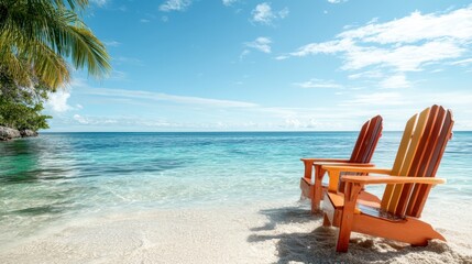 Two wooden chairs are set against a serene beach, inviting relaxation with their tranquil view of the azure ocean waters and a perfect sky, ideal for escape and leisure.
