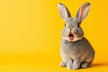 Obraz premium Surprised Grey Bunny Rabbit with Open Mouth on Yellow Background 