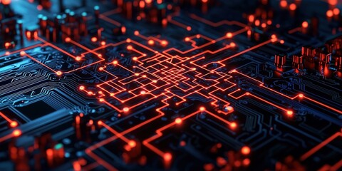 Obraz premium automated efficiency AI performance concept. Abstract circuit board design with glowing red lines.