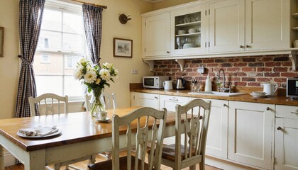 Charming kitchen with wooden table and flower vase