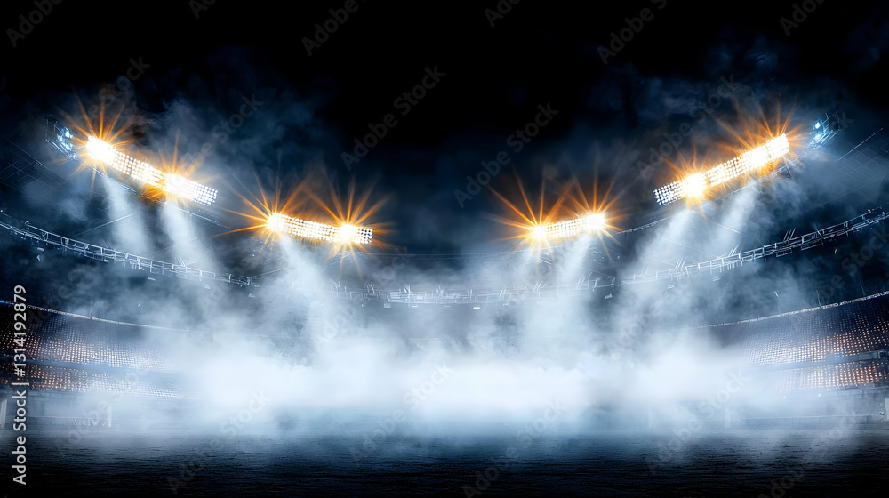 Poster dramatic empty stadium at night with bright spotlights and fog creating a mysterious atmosphere for 