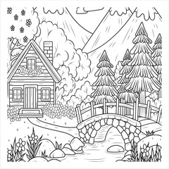 Naklejka premium Cozy Cottage with Stone Bridge - Coloring Page
