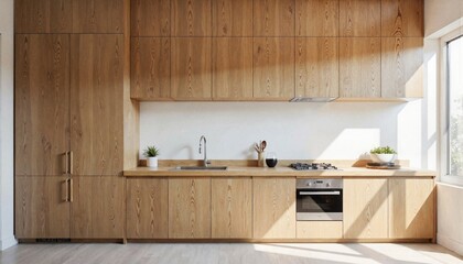 Modern wooden kitchen with minimal design and natural light