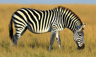 Fototapeta premium Elegant zebra grazing peacefully in the african savanna environment sunlight