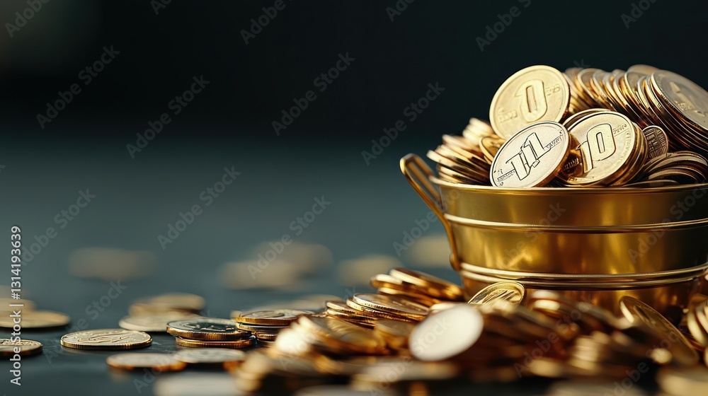 Poster golden coins overflowing from a small decorative bucket with dark background and glowing illuminatio