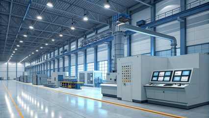 Obraz premium AI Machine learning concept. Modern industrial facility with machinery and large open space.