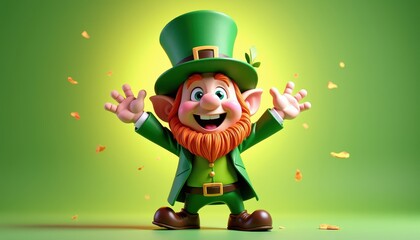 St. Patrick's Day Leprechaun Image: Green Suit, Hat, Beard Against Vibrant Background. A leprechaun in a green suit and hat is surrounded by gold coins.
