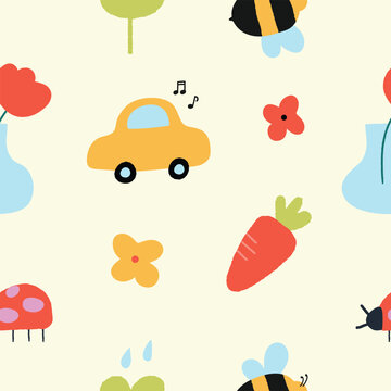 Spring Flowers Trees and animals Seamless Pattern