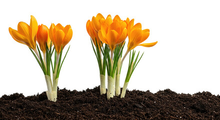 orange crocus flowers growing from soil isolated on white  background,