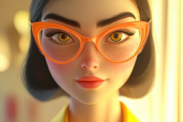 Close-up of a freckled, cartoon girl with orange cat-eye glasses, warm lighting.