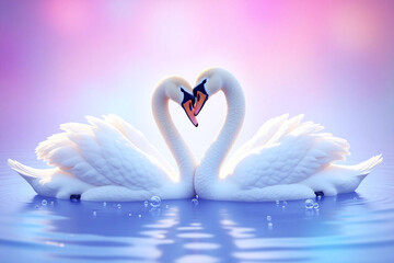 two swans swimming in the water with a rainbow in the background